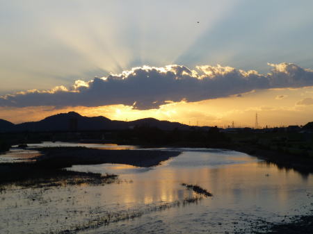 夕焼けに染まる渡良瀬川